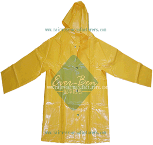 Yellow PVC heavy duty rain gear-plastic hooded rain mac supplier-heavy duty rain gear for work
